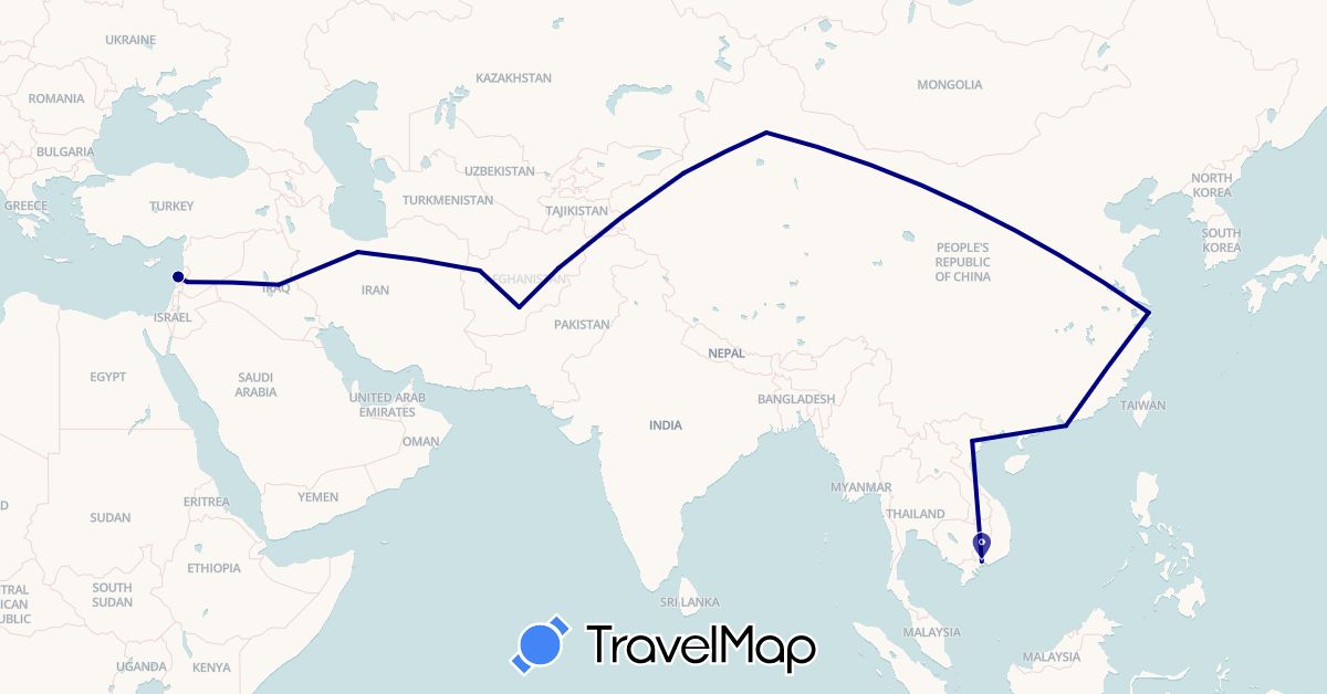 TravelMap itinerary: driving in Afghanistan, China, Iraq, Iran, Lebanon, Syria, Vietnam (Asia)