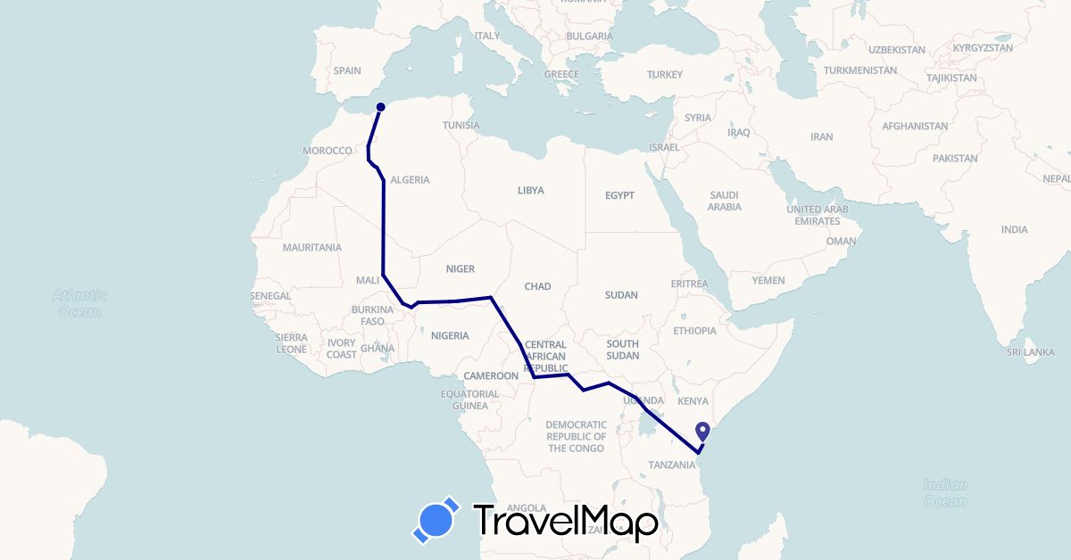 TravelMap itinerary: driving in Democratic Republic of the Congo, Central African Republic, Algeria, Kenya, Mali, Niger, Chad, Tanzania, Uganda (Africa)