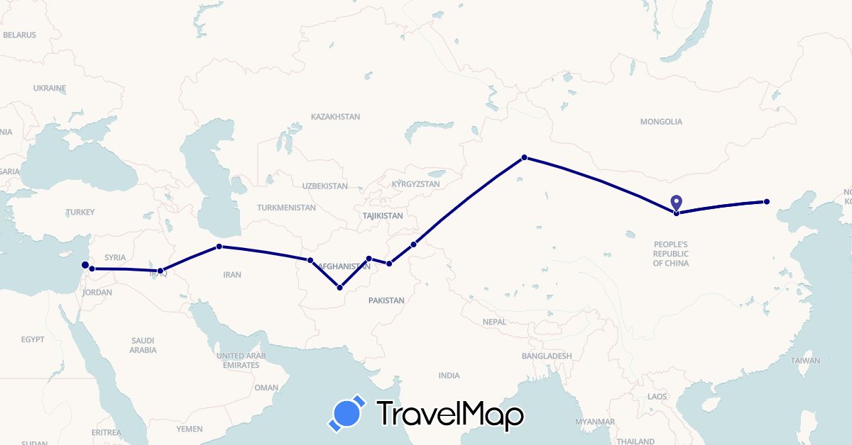TravelMap itinerary: driving in Afghanistan, China, Iraq, Iran, Lebanon, Pakistan, Syria (Asia)