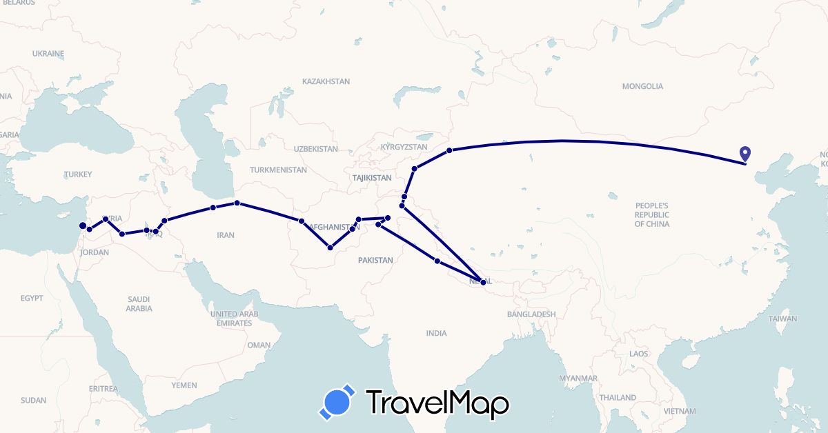 TravelMap itinerary: driving in Afghanistan, China, India, Iraq, Iran, Lebanon, Nepal, Pakistan, Syria (Asia)